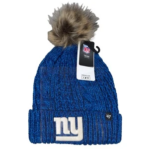 NFL New York Giants ‘47 Brand Women's Knit Beanie Hat Meeko Cuff Blue Pom Pom - Picture 1 of 11