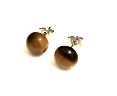 Tiger Eye Ear Studs Earrings Round Cabochon On 316L Surgical Steel Posts Gift - Image 1 of 3