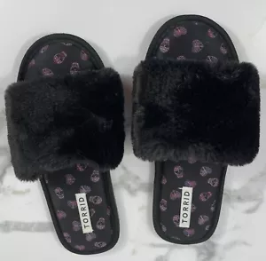 Torrid Black Fur Band Slide On Slippers Purple Skulls Size 10 Wide Width Cushion - Picture 1 of 11