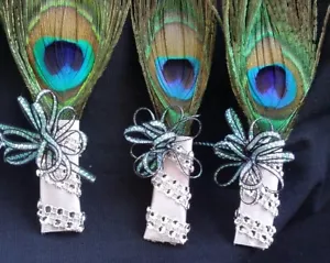 Peacock Feather Wedding BOUTONNIERE for Groom Groomsmen CORSAGE PROM Quinceañera - Picture 1 of 8