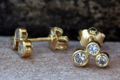 1 Ctw Round Cut VVS1 Moissanite Three-Stone Stud Earrings 14K Yellow Gold Plated - Image 1 of 4