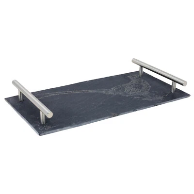 Slate Serving Tray With Metal Handles Meg Hawkins Pheasant Rectangular Black - Image 1 of 4