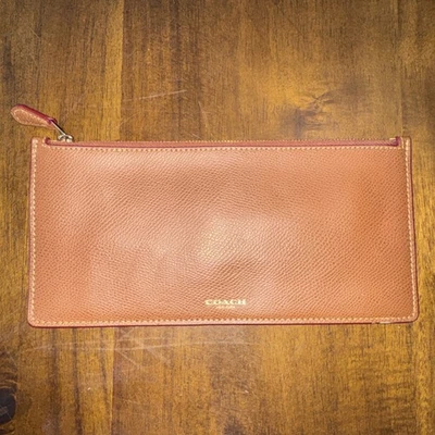 COACH Brown Pebbled Leather Zip Top Skinny Pouch Accessory Case 9.5" x 4.5" - Image 1 of 4