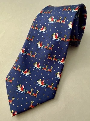 LEDERER de PARIS Santa's Sleigh темно-синий Рождественский мужской 100% шелковый галстук от Alynn - Изображение 1 из 4