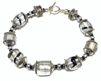 Sterling Silver 925 Glass Bead Chain Toggle Bracelet 7.5-inches KY10 - Image 1 of 4