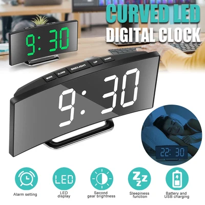 LED Curved Digital Alarm Clock USB Temperature Mirror Display Snooze Bedside - Image 1 of 4