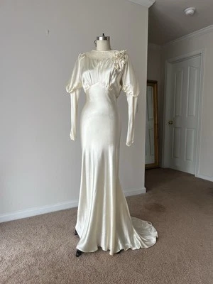 1930s Antique Bias Cut  Satin Rayon Wedding Dress With Ribbonwork - Image 1 of 4