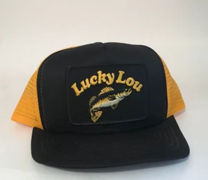 Vintage 1980s Lucky Lou Fish Mesh Snap Back Trucker Hat Yellow Black Fishing - Picture 1 of 8