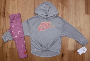Nike Girl Long Sleeve Hooded T-Shirt & Leggings Set~Gray, Elemental Pink~DRI-FIT - Picture 1 of 4