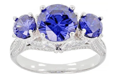 Anillo de 3 piedras de plata rodio-925 simulantes de diamantes blancos y tanzanita talla 10 3/4 Foto 1 de 4