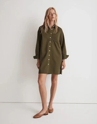 Madewell 女式迷你衬衫裙棉质纽扣长袖 Loden 绿色 L — 第 1/4 张图片