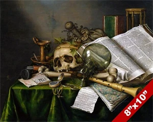 STILL LIFE OF VANITIES, BOOKS & SKULL BONES, TIME PAINTING ART REAL CANVAS PRINT - Picture 1 of 5