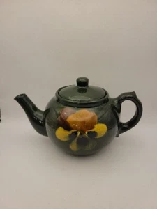 Vintage Green Glazed Yellow Ware Teapot Pansy Flower - Picture 1 of 18