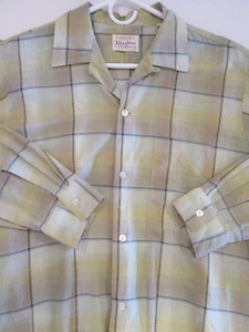 1950S VINTAGE SHIRT NEW OLD NOS PLAID LOOP SANFORIZED L GREEN S65 - Bild 1 von 12