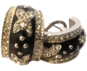 Nordstroms Silver Plated Earrings Black Enamel Crystal Half Hoop Pierced Clip On - Picture 1 of 4