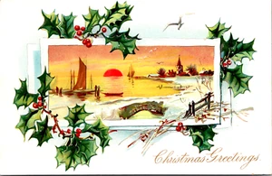 Vintage C. 1905 Christmas Greeting Raphael Tuck Holly Postcard Sunset Sailboat - Picture 1 of 2