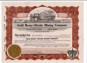 Gold Basin-Divide Mining Co., 1919, State of Nevada, nice gold seal, #19, VF - Picture 1 of 1