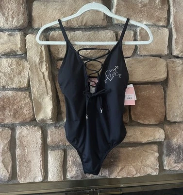 Nuevo con etiquetas Traje de baño Juicy Couture negro de una pieza estrás enjaula para mujer talla M lazos Foto 1 de 4