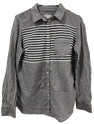 Camisa Merona Para Hombre MEDIANA Abotonada Manga Larga Cuello Rayas Top Gris Blanco Foto 1 de 4