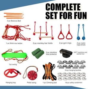 60FT Ninja Warrior Obstacle Course Kids Outdoor Durable Ninja Slackline Kit 13pc - Picture 1 of 9