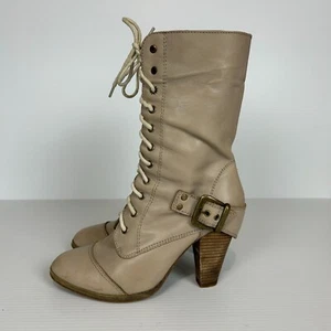 Windsor Smith Leather Boots Women's Size 8.5 Beige Lace Up Heel Mid Calf Y2K - Picture 1 of 19