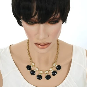 DANA BUCHMAN Women's OVAL Frosted WHITE & BLACK BEADS NECKLACE Gold Tone Chain - Picture 1 of 6
