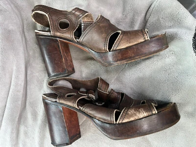Vintage 90s Made In Brazil Platform Shoes Sandals Sz 8.5 Wood Leather. - Image 1 of 4