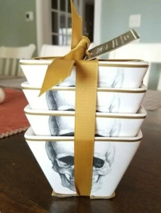 CIROA Set of 4 SKULL Halloween Skeleton Porcelain Square Mini Bowls ~ NEW - Picture 1 of 6