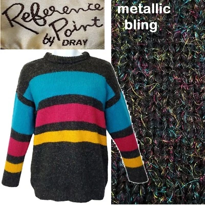 Suéter vintage anos 80 túnica listrada grande metálico bling preto azul rosa dourado adereço - Imagem 1 de 4