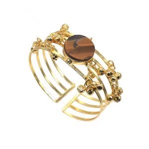 Ghungroo Tiger's Eye Bangle Handmade Gold Plated Adjustable Bracelet r367 - Picture 1 of 6
