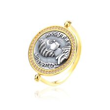 CZ Halo Ancient Coin Replica Rotating 18K Gold Over 925 Silver Flip Ring R1063