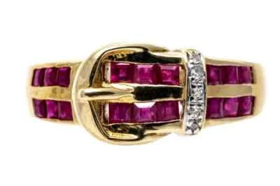 14K YELLOW GOLD RUBY AND DIAMOND BELT BUCKLE RING - Image 1 of 4