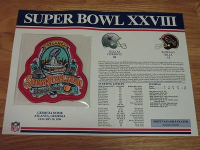 Super Bowl XXVIII DALLAS COWBOYS vs BUFFALO BILLS 6" Patch EMMITT SMITH MVP - Image 1 of 2