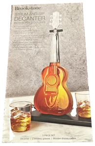 NEW Strum & Sip Guitar Whiskey Decanter + 2 Glasses on Wood Base Brookstone - Picture 1 of 6