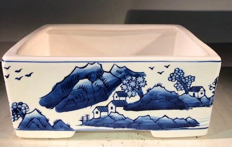 Bonsai Pot Blue/White Rectangle Porcelain Landscape Scenery 10.5" x 7.5" x 4" - Image 1 of 1