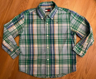 Camisa Tommy Hilfiger Abotonada Manga Larga Niños Pequeños Talla 4T Verde A Cuadros Usada en Excelente Condición Foto 1 de 4