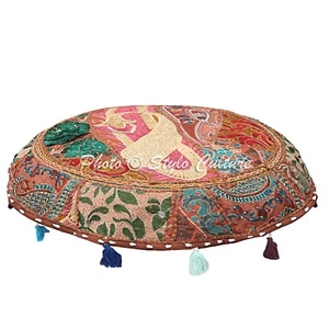 Indian Round Floor Pillow Cover Vintage Patchwork Brown 22x22 Cotton Hassock - Picture 1 of 4