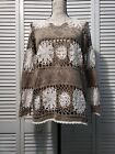 Reference Point Crochet Sweater Womens Size Medium Linen Blend Tan White Floral 