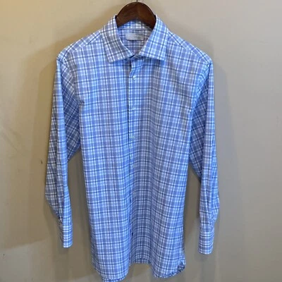 Hickey Freeman 男式衬衫 15.5 32 33 中号纽扣紫色高地格子 — 第 1/4 张图片