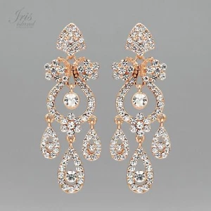 Dangle Earrings Women ROSE GOLD Plated Clear Crystal Rhinestone Chandelier 7139 - Picture 1 of 4