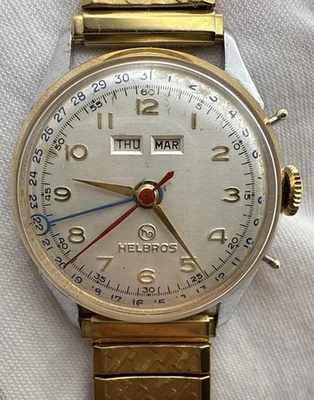 1940-50  Helbros Triple Calendar Swiss 17J Venus 203 Mechanical Watch RUNS - Image 1 of 4