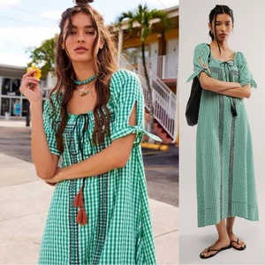 Maxi Vestido Free People Bohemio Bordado Guinga Seersucker Cass Verde Pequeño - Imagen 1 de 16