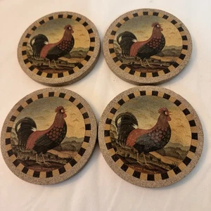 4 Hahn Untersetzer Diane Ulmer-Pedersen '99 Volkskunst Bauernhaus Steinzeug mit Kork - Bild 1 von 7