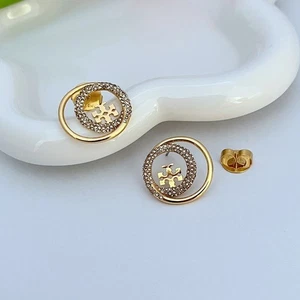 New! Tory Golden Classic Double Circle Shining Earring Lady with Jewelry Pouch - Picture 1 of 5