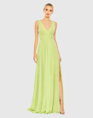 Mac Duggal Green Chiffon Sleeveless Wrap Over A Line Gown in Lime Womens Size 4 - Image 1 of 4