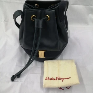 Salvatore Ferragamo VARA Ribbon Drawstring Pouch Shoulder Bag Leather Navy Auth - Picture 1 of 8