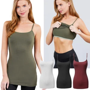 LONG Cami w/ Shelf Bra Adjustable Spaghetti Strap TANK TOP CAMISOLE Women Layer - Picture 1 of 33