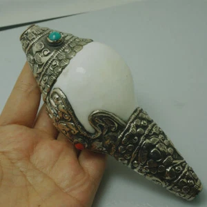 5.9" Tibetan Buddhist Supplies White Conch Nepal Handmade Copper Carving Decor - Picture 1 of 7