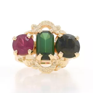 Oro Amarillo Turmalina Rubelita Tres Piedras Anillo - 14k Esmeralda & Rnd - Imagen 1 de 9