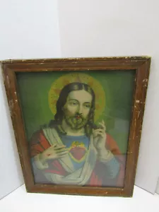 OLD VINTAGE RELIGIOUS PICTURE JESUS OPEN HEART 16 X 13 - Picture 1 of 4